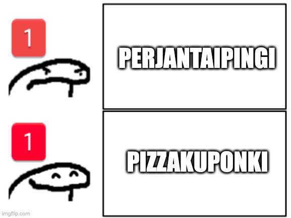 Kaksiosainen meemi, jossa ylemmässä osassa vihainen perjantaipingi emoji ja teksti Perjantaipingi. Alemmassa osassa hymyilevä perjantaipingiemoji ja teksti Pizzakuponki