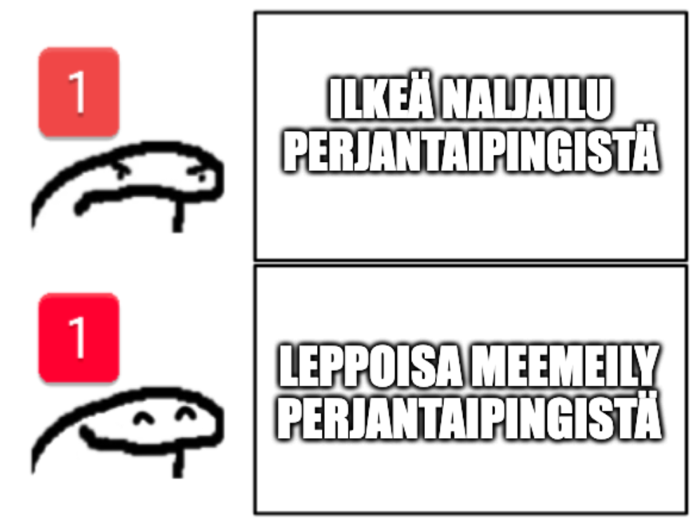 Kaksipaneelinen meemi, jossa yläosassa vihainen perjantaipingiemoji ja teksti "Ilkeä naljailu perjantaipingistä". Alaosassa hymyilevä perjantaipingiemoji ja teksti "Leppoisa meemeily perjantaipingistä"